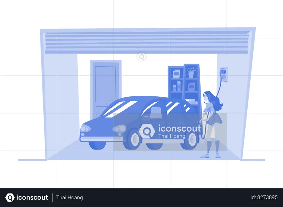 Woman Charging An Electric Car At Home  Illustration