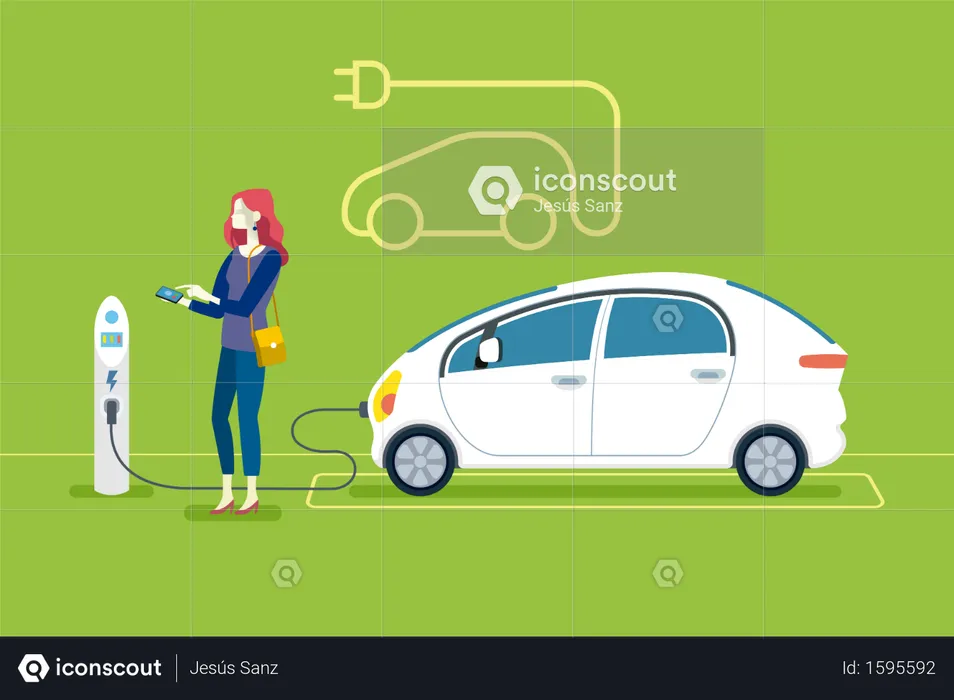 Woman Charging an electric car in a charging station  Illustration