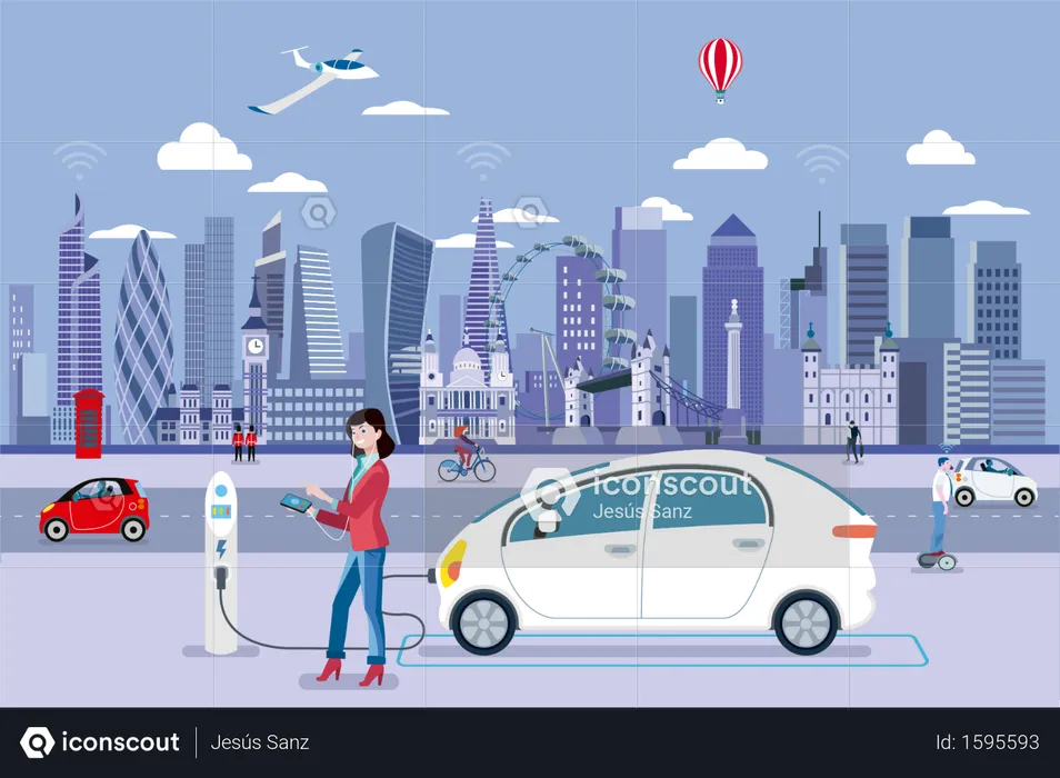 Woman Charging an electric car in a London street with people walking and the City Skyline at the background  Illustration