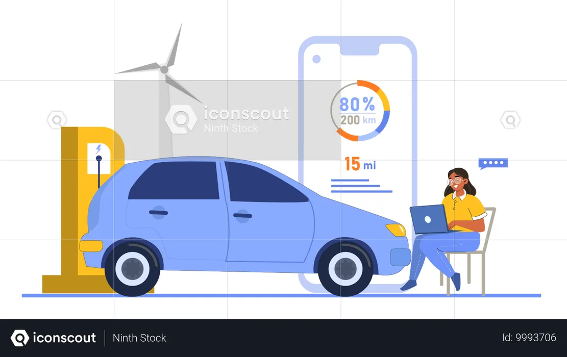 Woman charging Electric car at charging station  Illustration