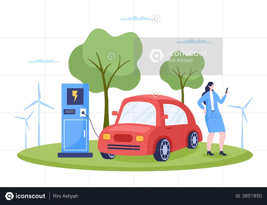 Woman charging her car  Illustration