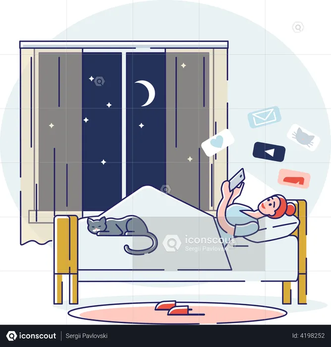 Woman chat in social media using smart phone lying in bed at night before sleeping  Illustration