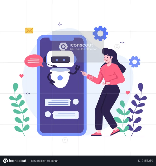 Woman chatting with mobile chatbot  Illustration