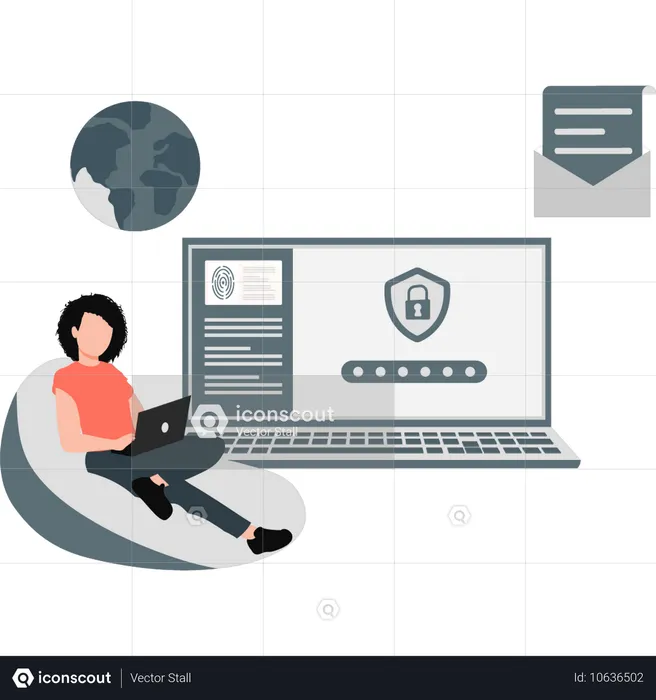 Woman checking computer protection  Illustration