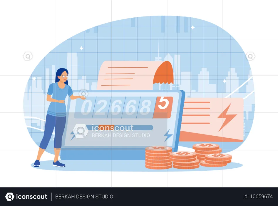 Woman Checking Electricity Meter And Calculates Electricity Bill  Illustration