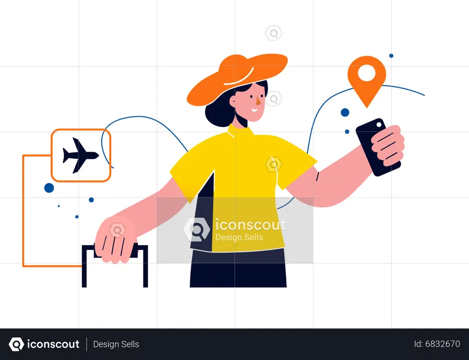 Woman checking plane location  Illustration