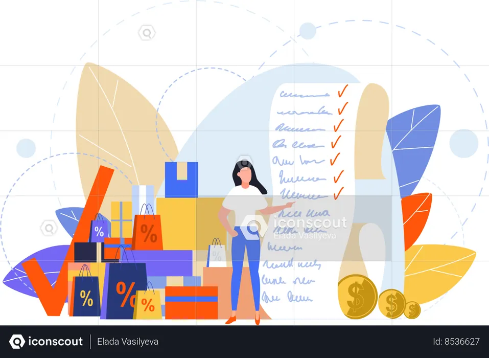 Woman checking shopping bill  Illustration