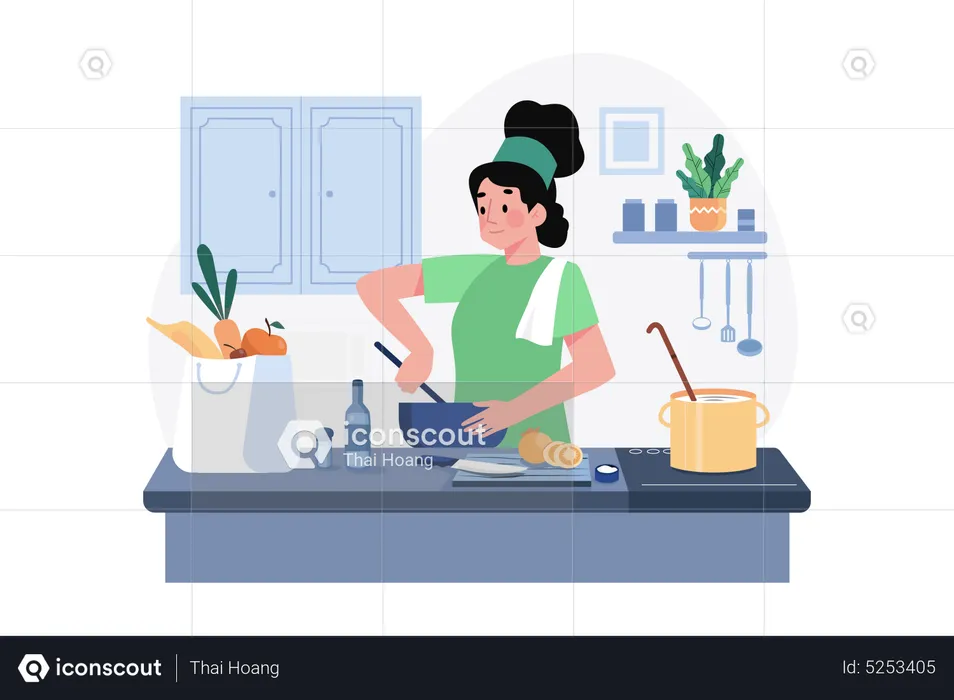 Woman chef cooking in kitchen  Illustration