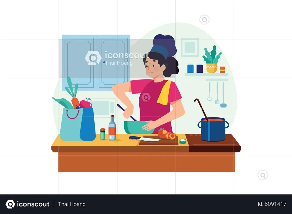 Woman chef cooking in kitchen  Illustration