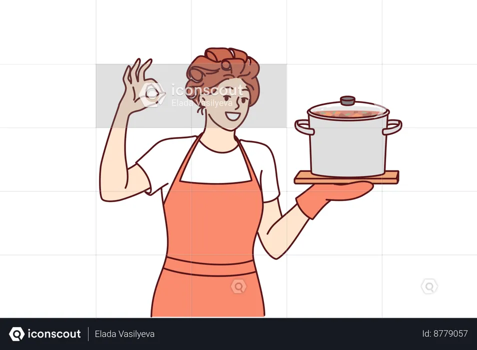 Woman chef cooks soup in pan  Illustration