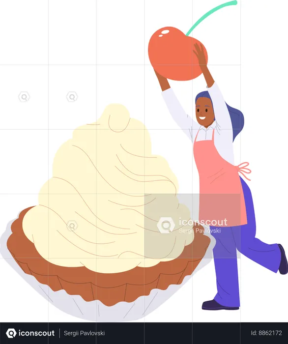 Woman chef decorating cupcake with cherry  Illustration