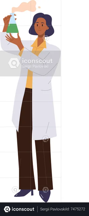 Woman chemistry teacher character wearing lab coat showing chemical experiment in flask  Illustration