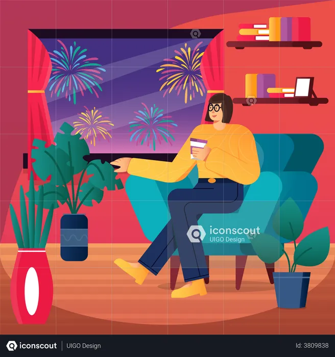 Woman chilling at house during new year celebration  Illustration