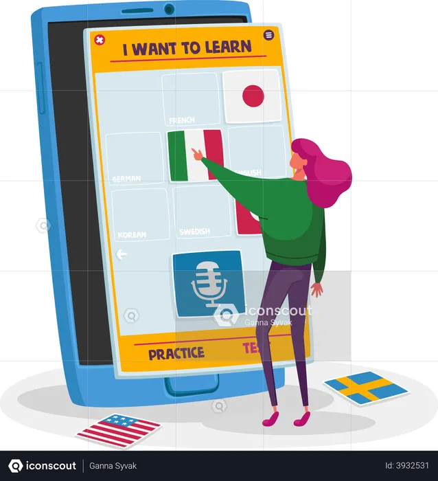 Woman Choose French Language Push Button on Smartphone for Learning  Illustration