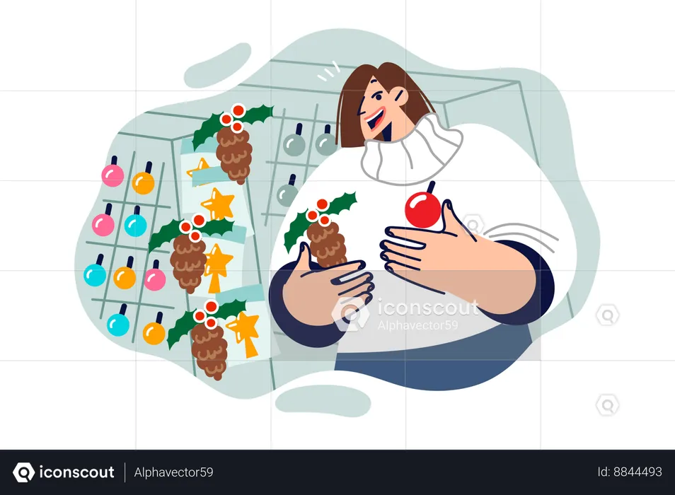 Woman chooses pine tree as christmas decorations  Illustration