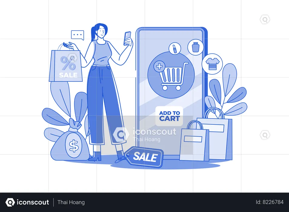 Woman Chooses To Add Items To Cart  Illustration