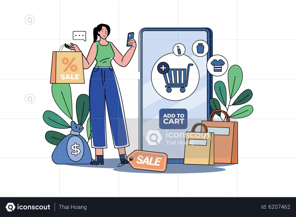 Woman chooses to add items to cart  Illustration
