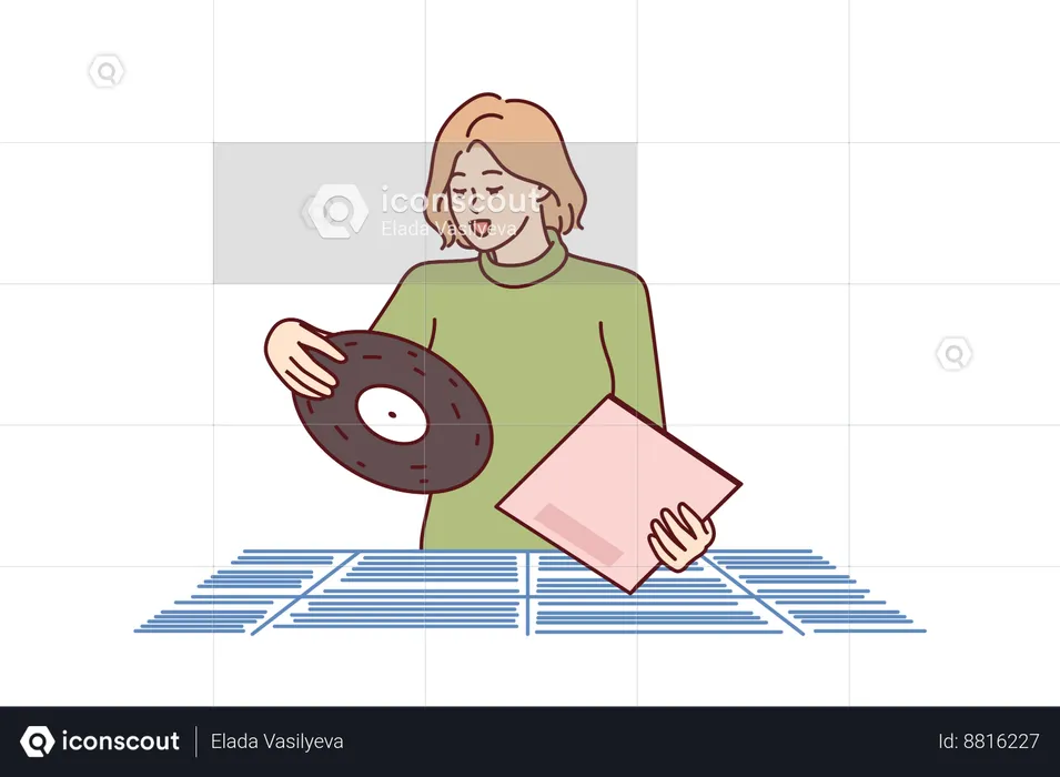 Woman chooses vinyl record for music play  Illustration