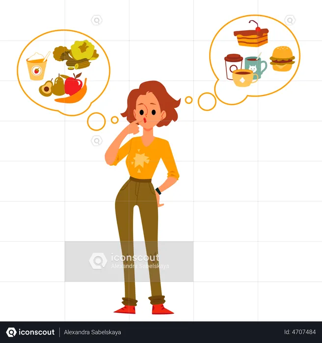 Woman choosing between healthy and unhealthy food  Illustration