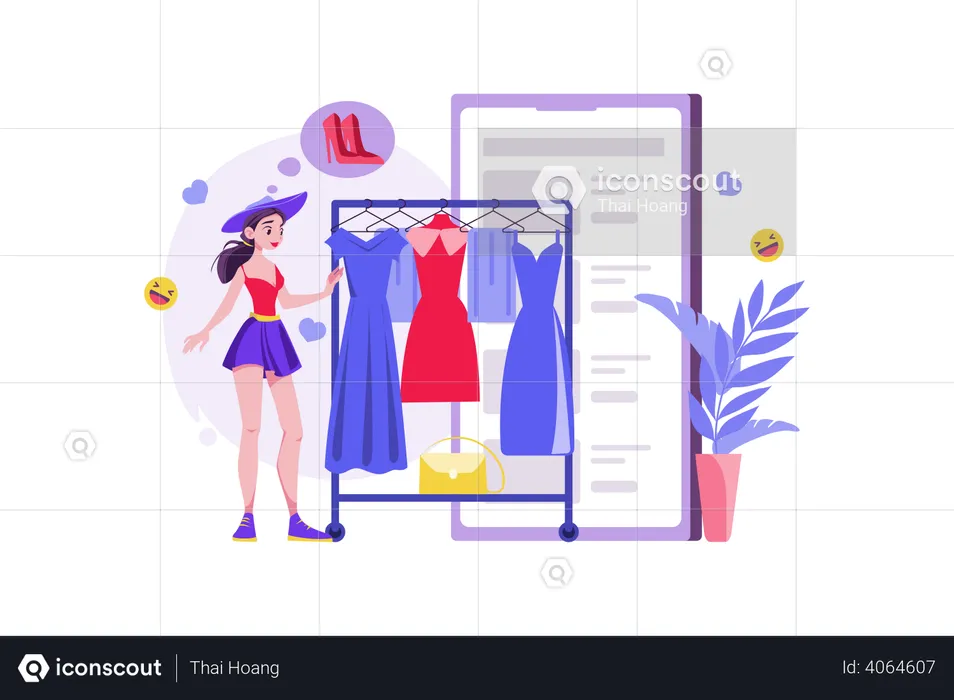 Woman choosing clothes in the online shop  Illustration