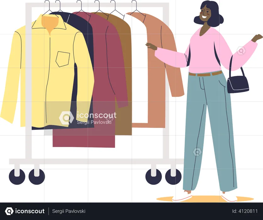 Woman choosing clothes on hanger  Illustration