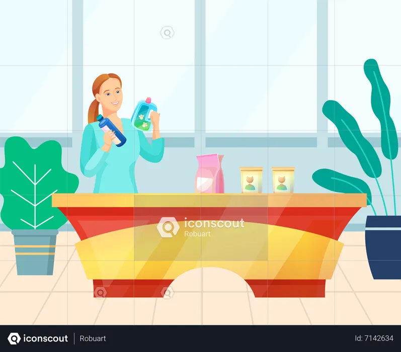 Woman choosing household chemical for cleaning  Illustration