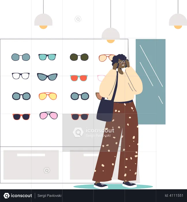 Woman choosing sunglasses in optics store  Illustration