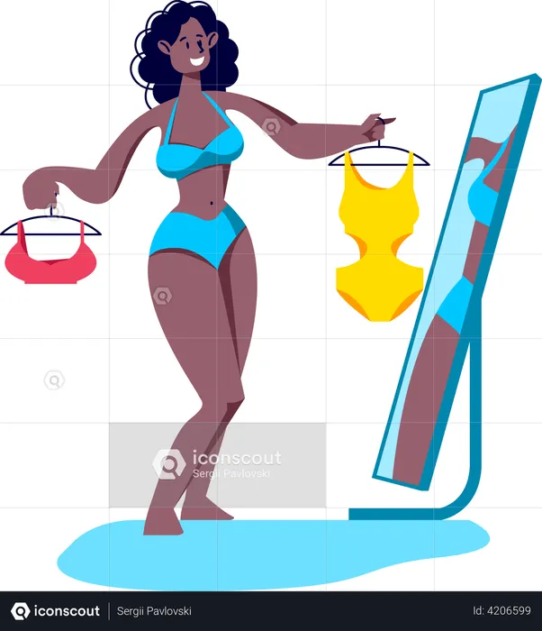 Woman choosing swimwear for summer vacation  Illustration