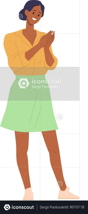 Woman happily smiling clapping hands gesturing approve and agree emotion  Illustration