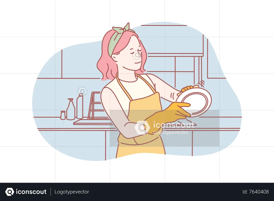 Woman cleaning dish  Illustration