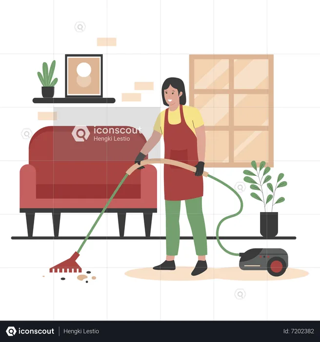 Woman cleaning floor with vacuum cleaner  Illustration