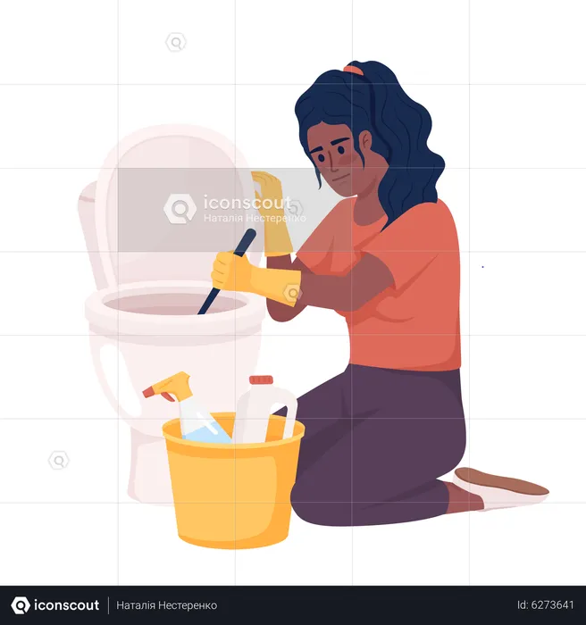 Woman cleaning toilet with brush and detergents  Illustration