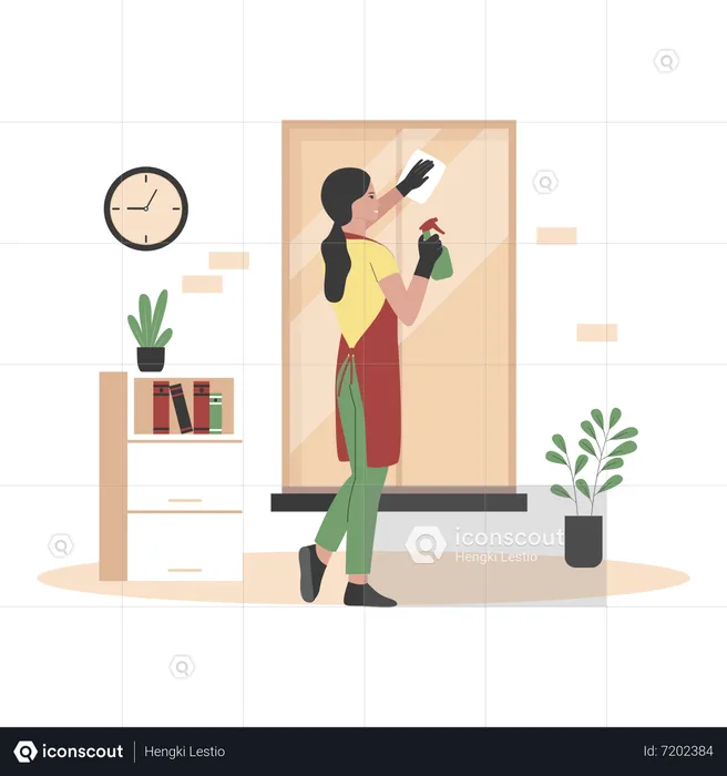 Woman cleaning window mirror  Illustration