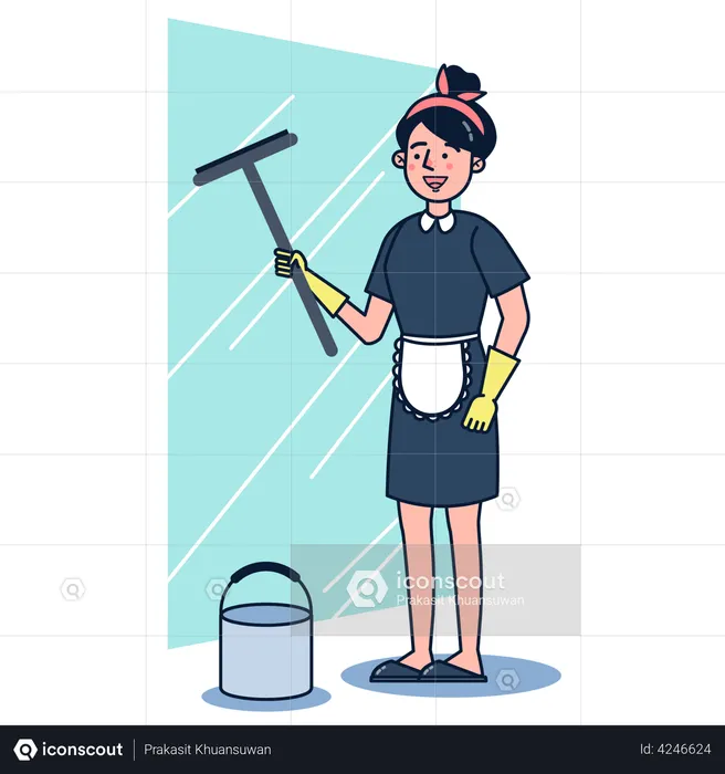 Woman cleaning window using window wiper  Illustration