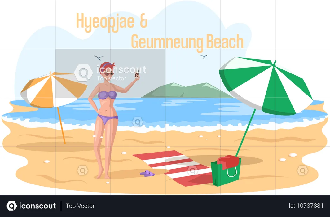 Woman clicking beach pictures  Illustration