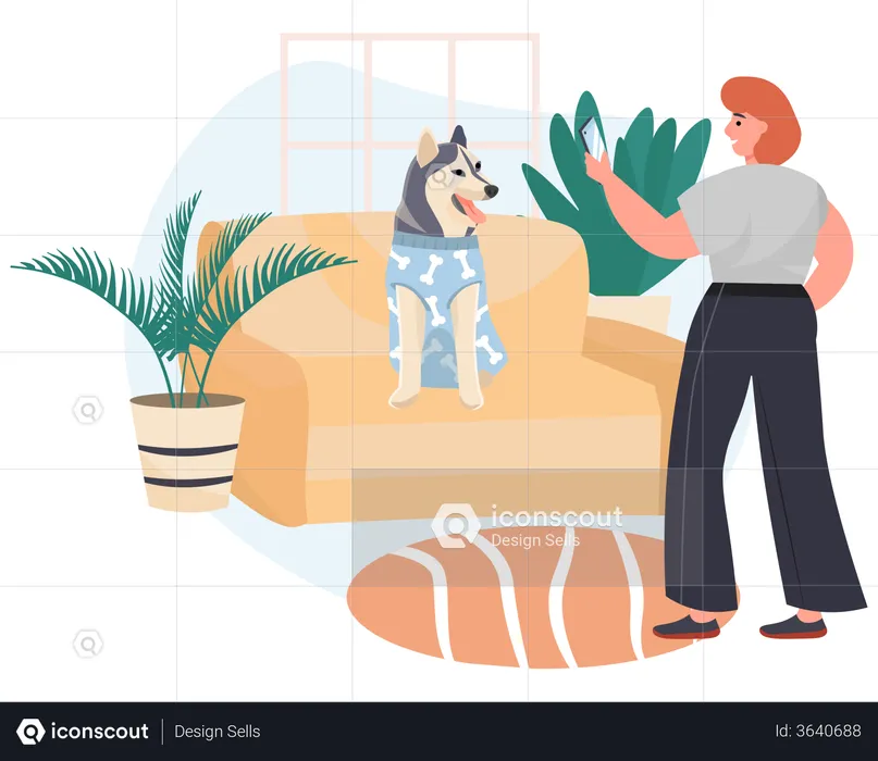 Woman clicking photo of dog  Illustration