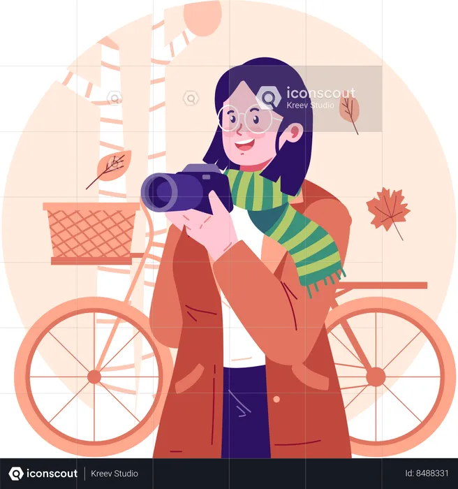 Woman clicking pictures of nature in autumn season  Illustration