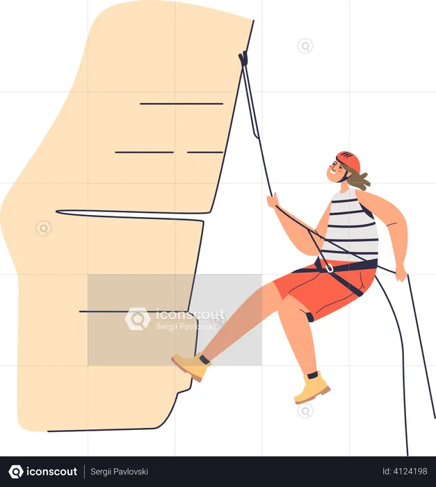 Woman climbing rock using belay ropes and wearing helmet  Illustration