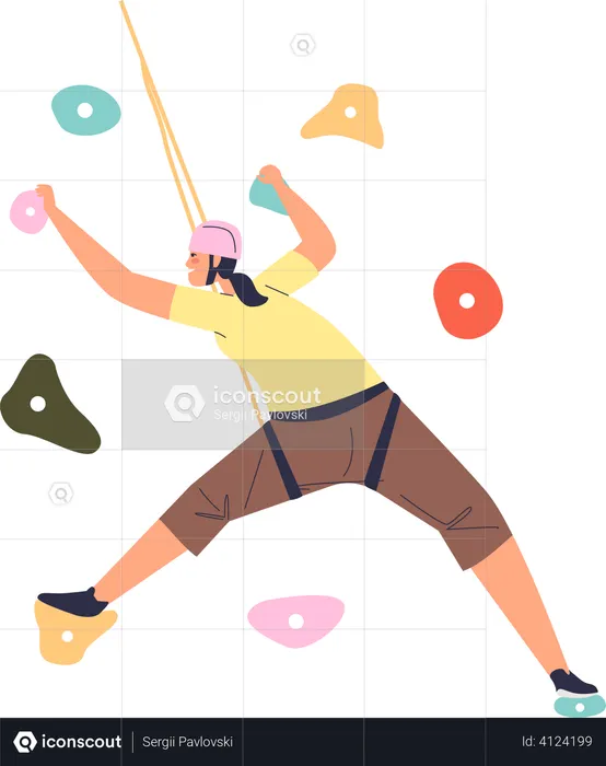 Woman climbing wall with grips  Illustration