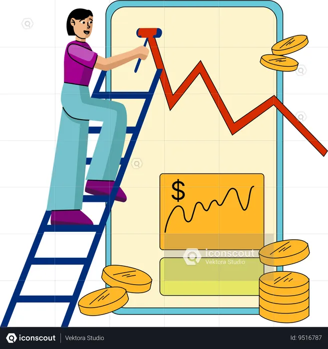 Woman climbs a ladder to adjust a rising financial graph on a giant smartphone screen  Illustration
