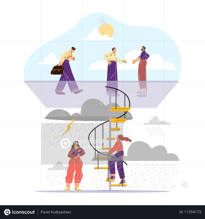 Woman climbs a spiral staircase through rain and storm clouds towards a glass floor where men stand in sunny weather  Illustration