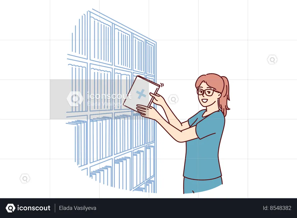 Woman clinic administrator with patient card stands near rack with archive of patients  Illustration