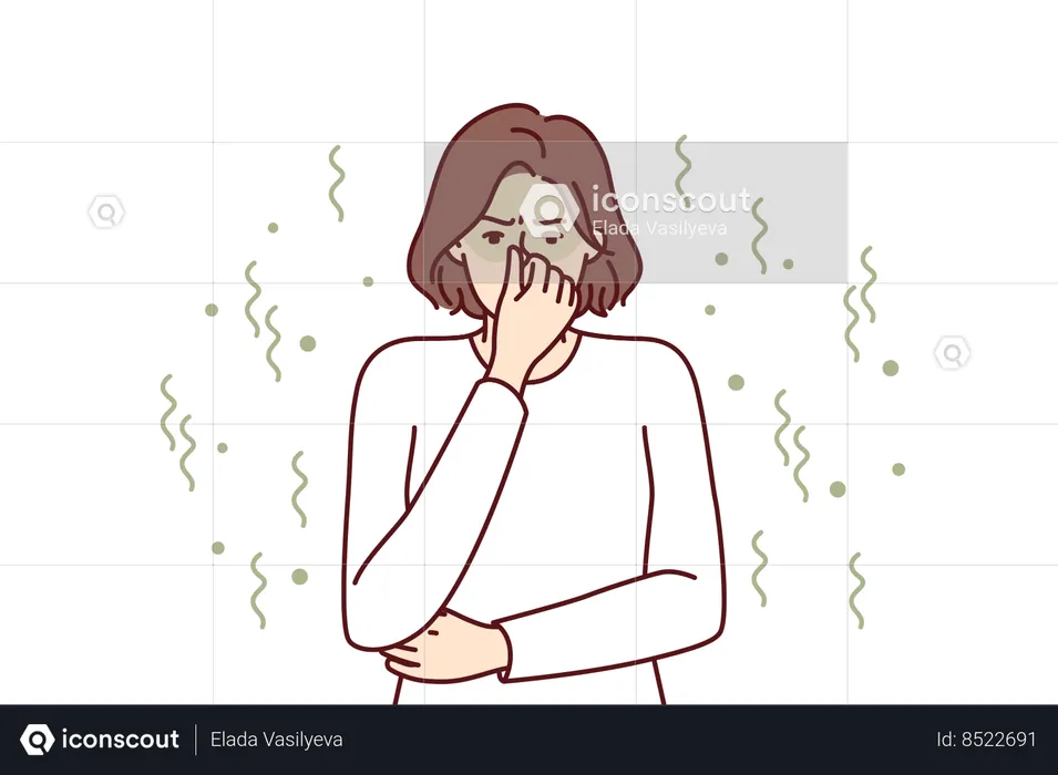 Woman closes nose in disgust at smell  Illustration