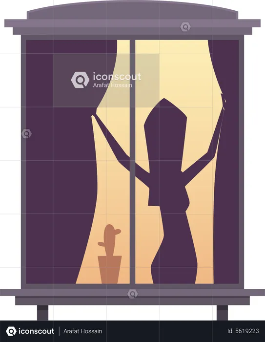 Woman closing window curtain  Illustration