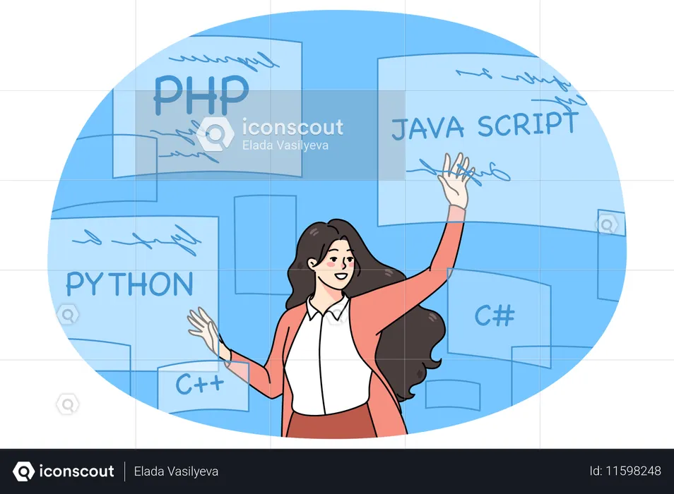 Woman coder programming with computer languages  Illustration