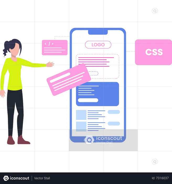 Woman coding CSS on mobile  Illustration