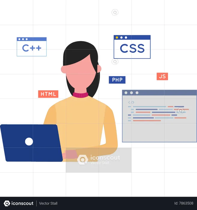 Woman coding on laptop  Illustration