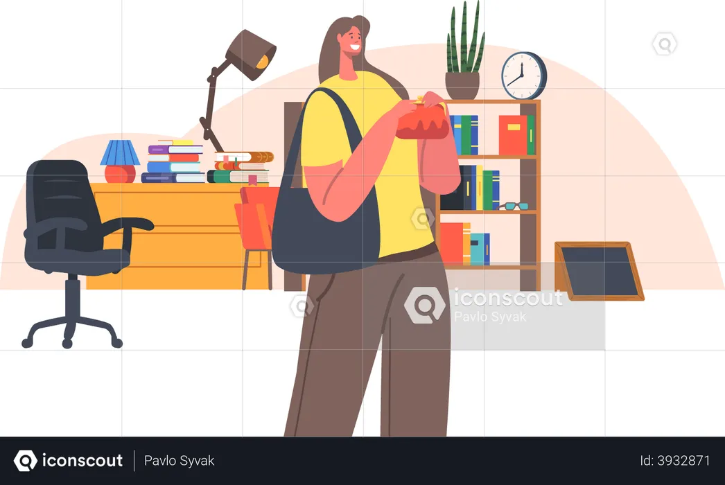 Woman collecting antique things purchased from flea market  Illustration