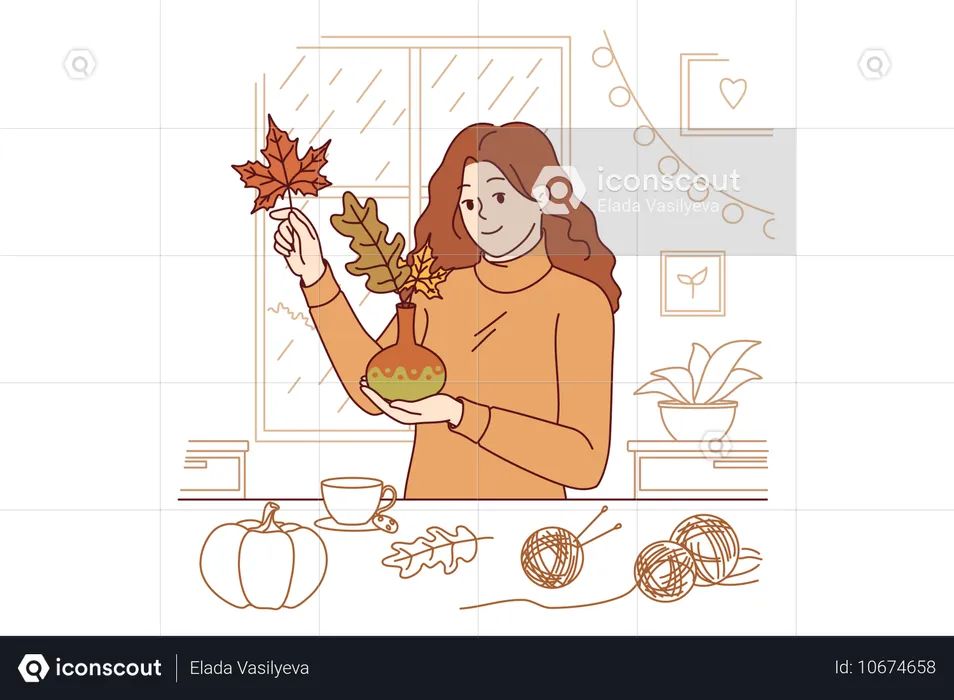 Woman collects bouquet of autumn leaves and places them in vase to decorate home on thanksgiving eve  Illustration