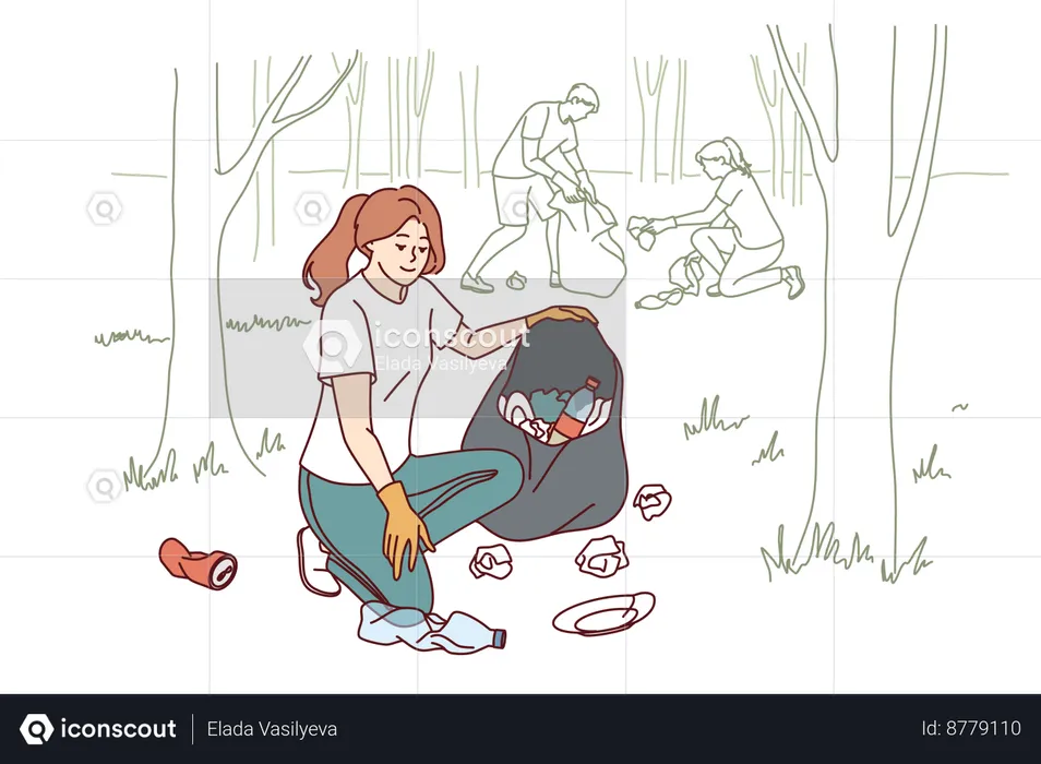 Woman collects garbage from street  Illustration